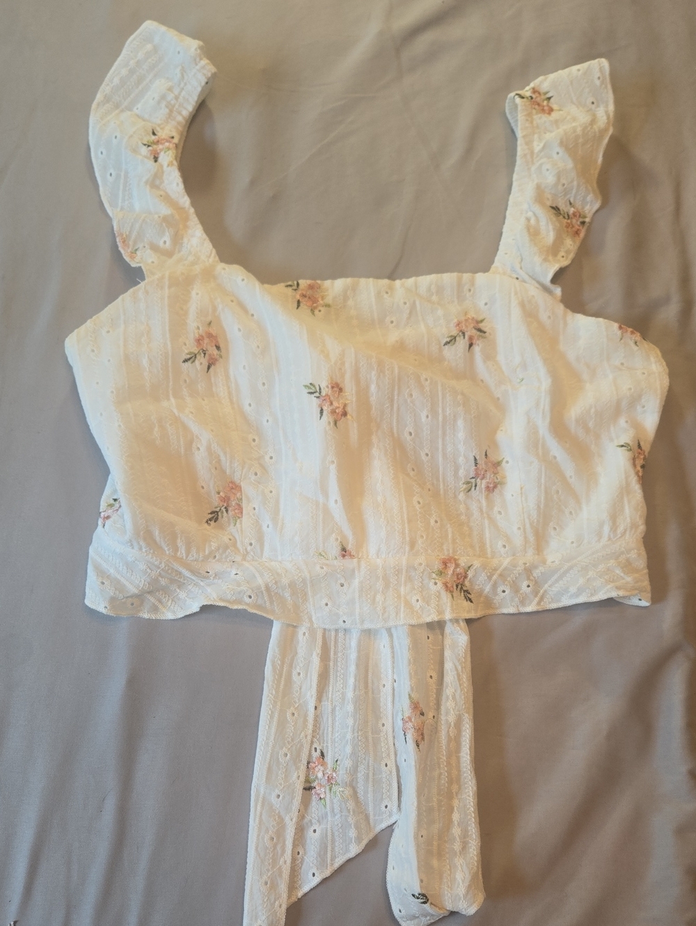 White Floral Eyelet Tie-Back Crop Top